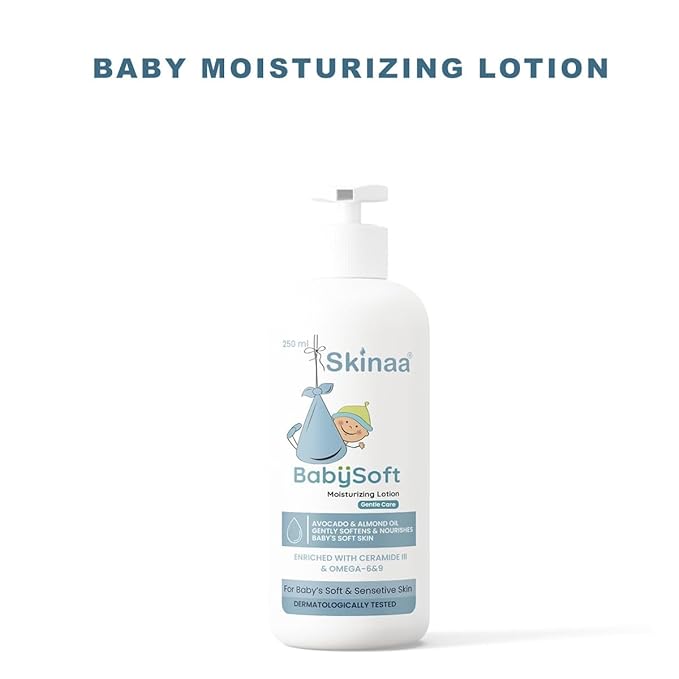 Skinaa BabySoft Moisturizing Lotion – enriched with avocado oil, almond oil, ceramide B, and omega-6 & 9 for deep hydration, soft and smooth baby skin.